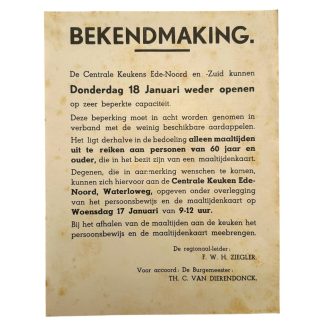 Originele WWII Nederlandse poster Ede bekendmaking centrale keukens voedsel distributie januari oorlog document
