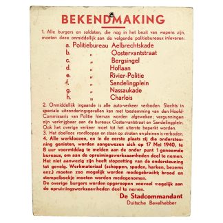 Originele WWII Nederlandse bekendmaking Rotterdam mei 1940 kartonnen bord Duitse bezetting oproep wapens inleveren militaria verzamelobject