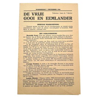 Originele WWII verzetskrant De Vrije Gooi en Eemlander 7 december 1944 oorlogsnieuws Nederland historisch drukwerk