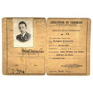 Original German Arbeits Bescheinigung ID 1942 Lublin Springer Mieczysław Opole Poland World War II document with photo.