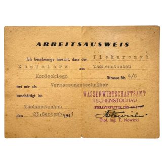 Original WWII German Arbeitsausweis Wasserwirtschaftsamt Tschenstochau in Poland