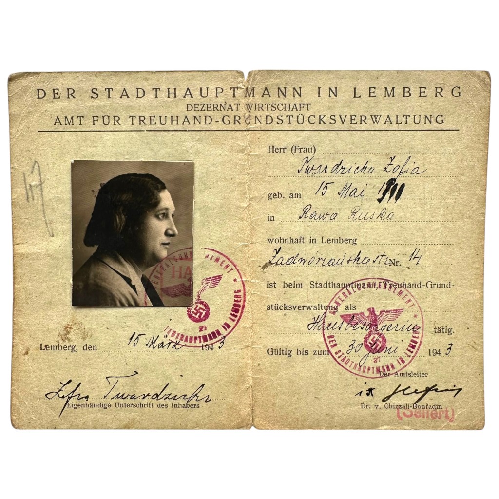 Original WWII German Ausweis Amt für Treuhand-Grundstücksverwaltung in Lemberg in Poland 1943