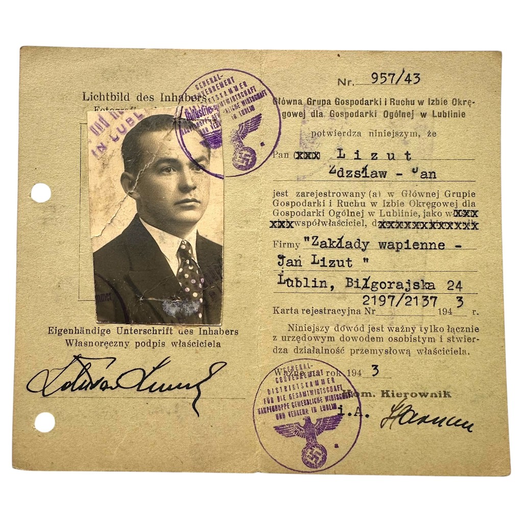 Original WWII German Ausweis Hauptgruppe Gewerbliche Wirtschaft und Verkehr in Lublin in Poland 1943