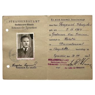 Original WWII German Ausweis Strassenbauamt Sochaczew-Blonie Zyrądów in Poland 1943