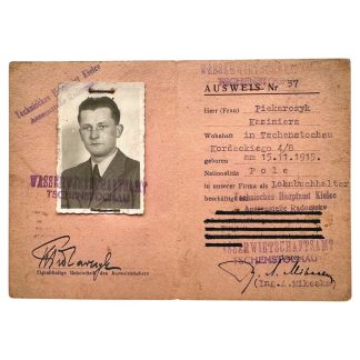 Original WWII German Ausweis Poland Tschenstochau 1943 Piekarczyk Kazimierz work document with photo and stamps collectors.