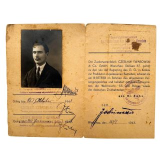 Original WWII German Ausweis Zuckerwarenfabrik Czesław Twarowski & Co. GmbH in Warsaw in Poland 1943