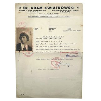 Original WWII German Bescheinigung Krakow in Poland 1940 - Dr Adam Kwiatkowski