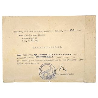 Original WWII German Bescheinigung Staatsbibliothek Krakau in Poland
