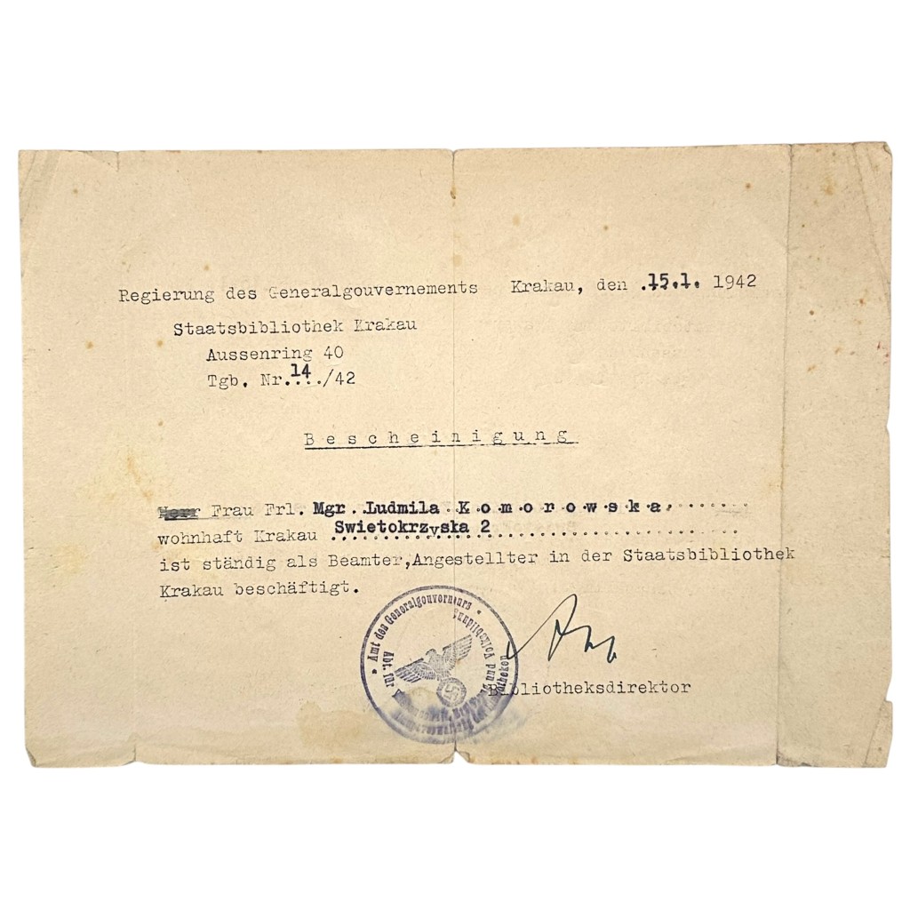 Original WWII German Bescheinigung Staatsbibliothek Krakau in Poland