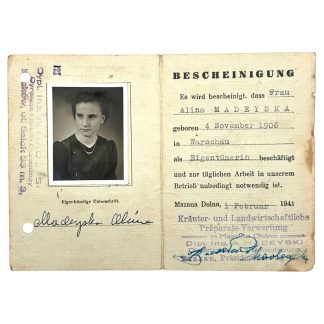 Original WWII German Bescheinigung Poland 1941 Alina Madeyska Warsaw Mszana Dolna document with photo and stamps collectors.