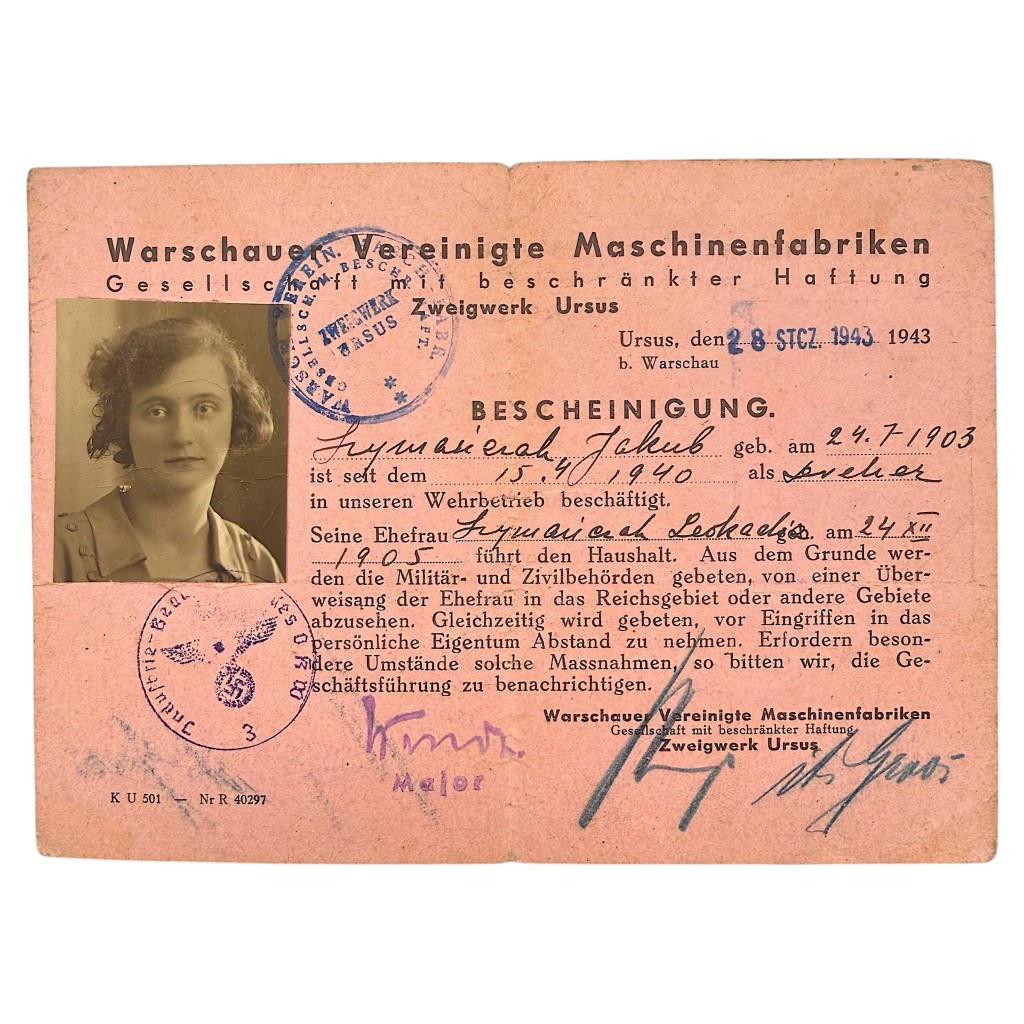 Original German Bescheinigung Waverma Ursus Warsaw 1943 Jakub Szymanczak with wife Leokadia photo Poland WWII document rare militaria collectible