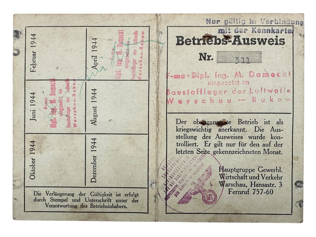 Original WWII German Betriebs-Ausweis Baustofflager Luftwaffe in Warsaw in Poland 1944