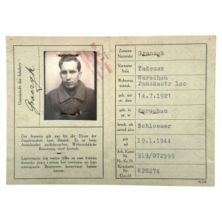 Original WWII German Betriebs-Ausweis Baustofflager Luftwaffe in Warsaw in Poland 1944