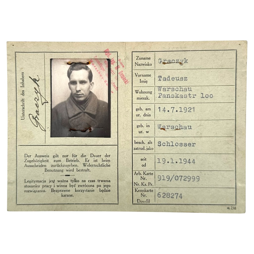 Original WWII German Betriebs-Ausweis Baustofflager Luftwaffe in Warsaw in Poland 1944