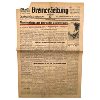 Original German Bremer Zeitung newspaper June 8 1944 WWII Normandy invasion D-Day propaganda newspaper for collectors.