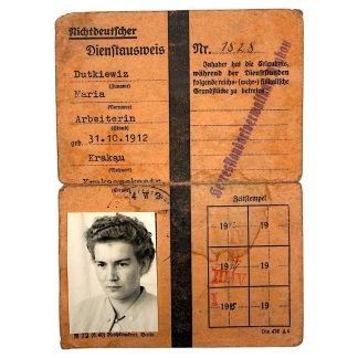 Oryginalny niemiecki dokument Dienstausweis z okresu II wojny światowej Kraków Maria Dutkiewiz 1944 identyfikator pracownika Nichtdeutscher ze zdjęciem i pieczęciami przedmiot kolekcjonerski