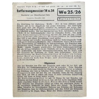 Original German Entfernungsmesser 14 u 34 instruction card 1940 Wa25/26 Waffentafel technical diagrams World War II military document.