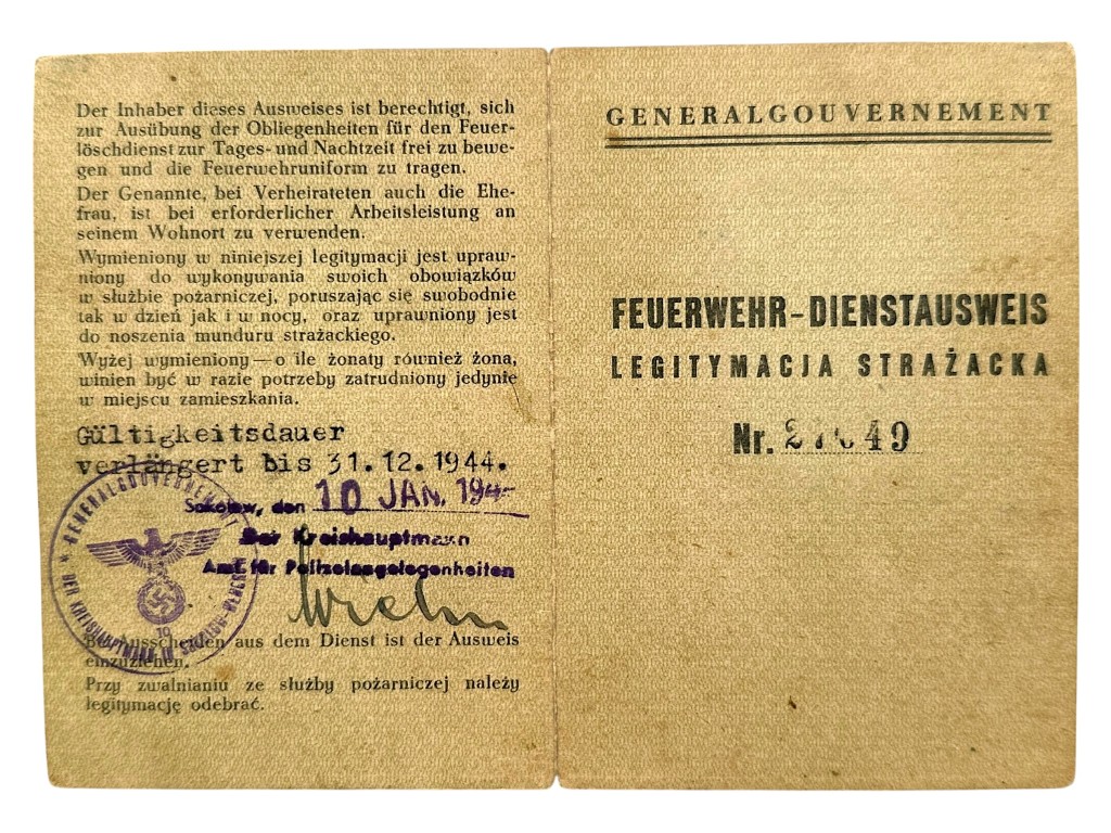 Original WWII German Feuerwehr-Dienstausweis Sokołów Podlaski in Poland 1943