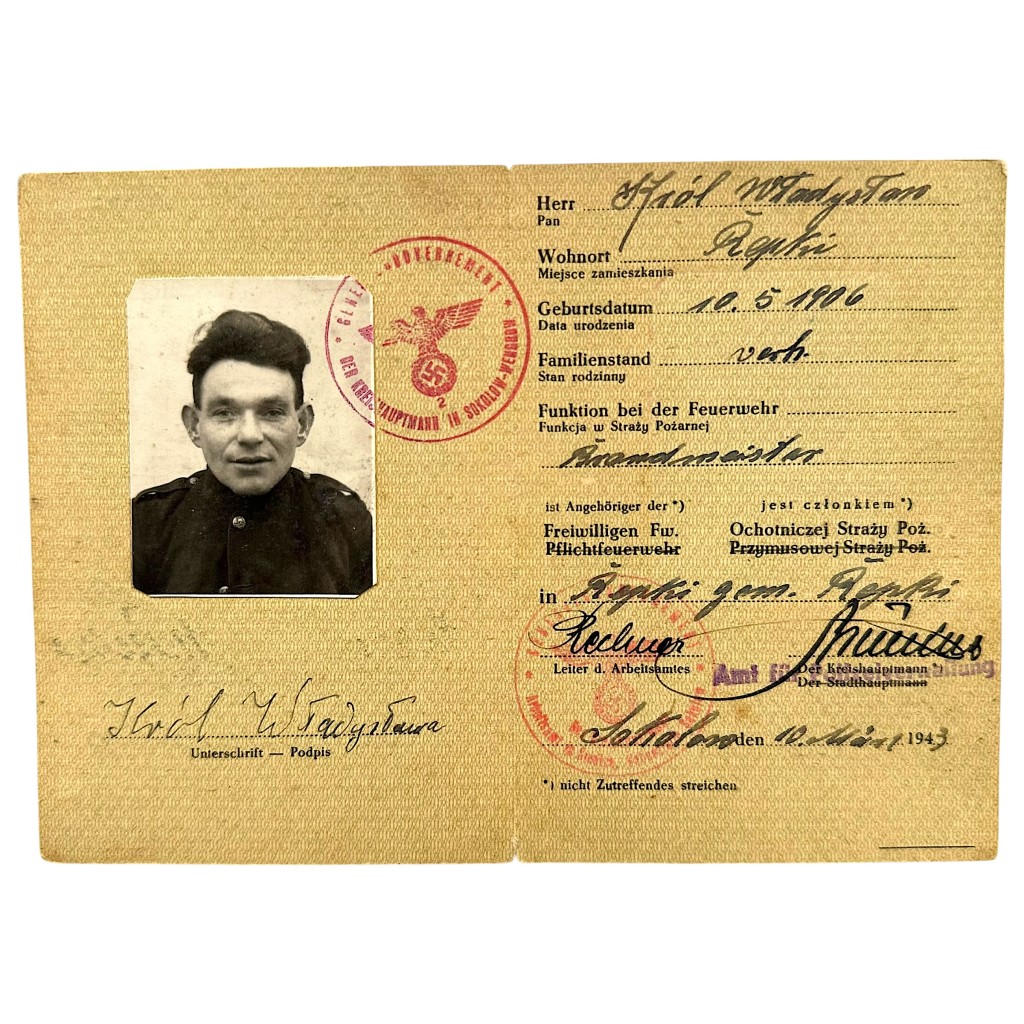 Original WWII German Feuerwehr-Dienstausweis Sokołów Podlaski in Poland 1943