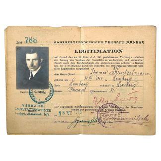 Original WWII German Gaststättenwerker legitimation Ausweis Verband Krakau (Lemberg) in Poland