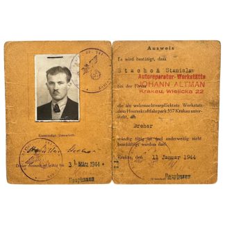 Original WWII German Personalausweis Heereskraftfahrpark 557 Krakow in Poland 1944 World War Two