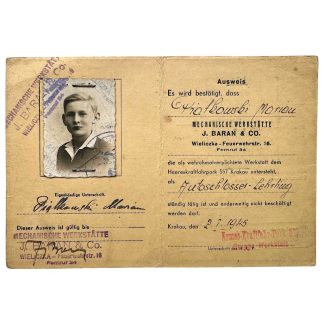 Original WWII German Personalausweis Mechanische Werkstätte J. Baran & Co Wieliczka Krakow in Poland 'Armee-Kraftfahr-Park 537'