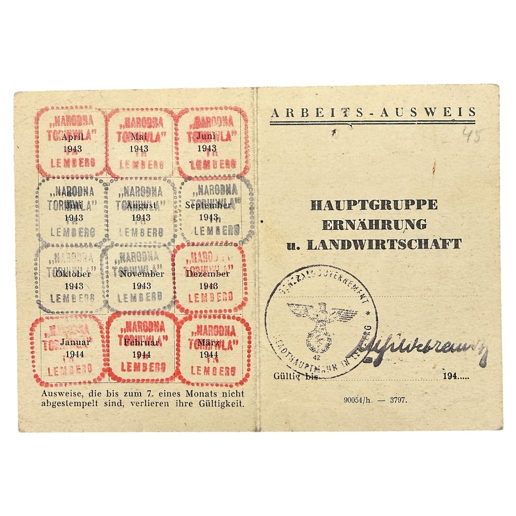 Original WWII German-Polish Arbeits-Ausweis Hauptgruppe Ernährung und Landwirtschaft Lemberg in Poland