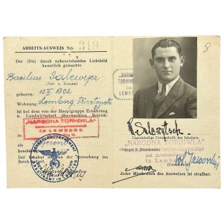 Original German Arbeits-Ausweis Lemberg Poland 1943 1944 personal document Basilieus Salewejcz WWII labour card.