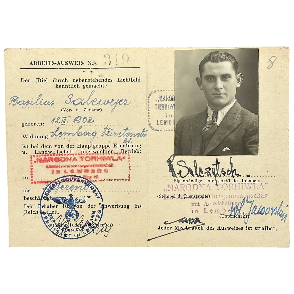 Original German Arbeits-Ausweis Lemberg Poland 1943 1944 personal document Basilieus Salewejcz WWII labour card.