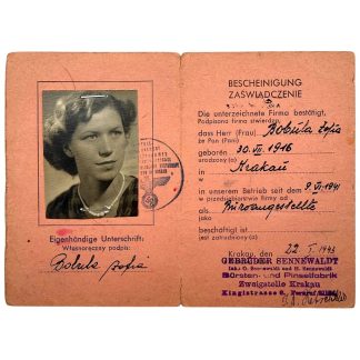 Dokument pracowniczy Bescheinigung niemiecko-polski z okresu II wojny światowej Kraków Zofia Bolula 1943 z fotografią i pieczęciami kolekcjonerski identyfikator pracy