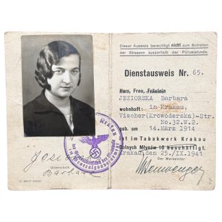 Original WWII service ID Barbara Jeziorska Krakow 1941 Tabakwerk identification document with photo stamp Poland collectible