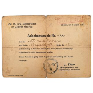 Original WWII German SS- und Polizeiführer im Distrikt Krakau Arbeitsausweis Krakow in Poland 1944