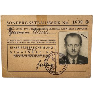 Original German Sondergästeausweis Staatskasino General Government Poland WW2 nr 1639 Ulrich with photo.
