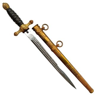 Original WWII German Wasserschutzpolizei dagger Eickhorn Solingen etched blade brass scabbard rare militaria collector piece.