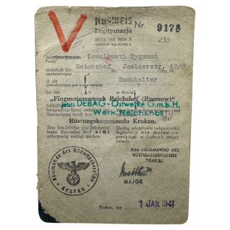 Original WWII German Werkschutz Ausweis Flugmotorenwerk Reichshof Rzeszów in Poland - militaria