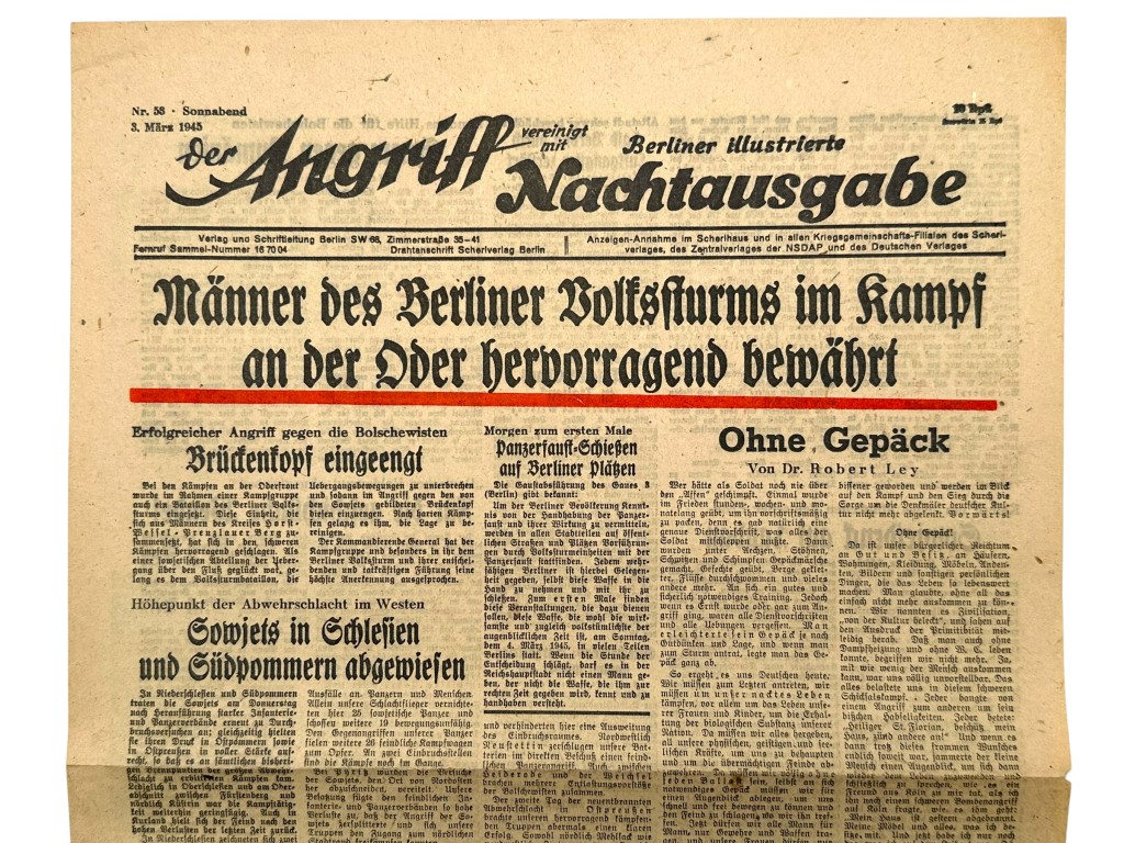 Original WWII German newspaper “Der Angriff – Berliner illustrierte Nachtausgabe” issued on March 3, 1945 in Berlin