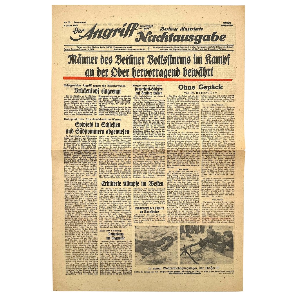 Original WWII German newspaper “Der Angriff – Berliner illustrierte Nachtausgabe” issued on March 3, 1945 in Berlin