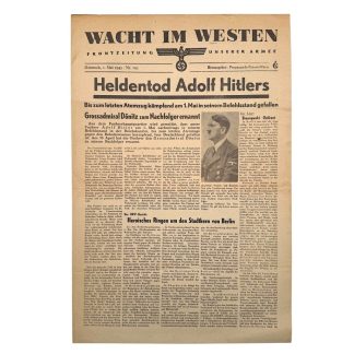 Original WWII German newspaper 'Wacht im Westen' with death of Adolf Hitler - May 2, 1945