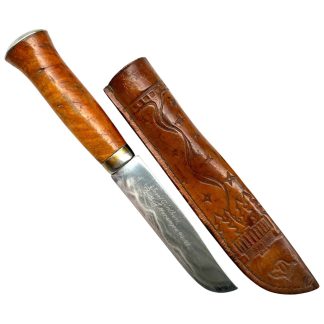 Original norsk kniv andre verdenskrig 1940 1942 tysk soldat okkupert Norge med lærslire gravert blad samlerobjekt.