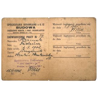 Original WWII Polish-German Arbeitsausweis Spółdzielnia Budowlana “Budowa” in Krakow in Poland 1945