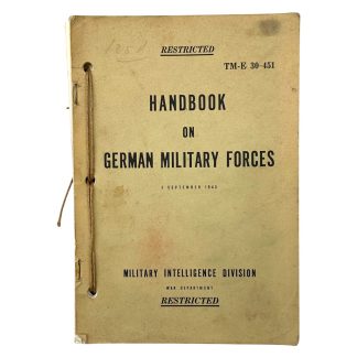Original American Handbook on German Military Forces TM-E 30-451 1943 War Department WWII military manual with weapon and tank illustrations US army