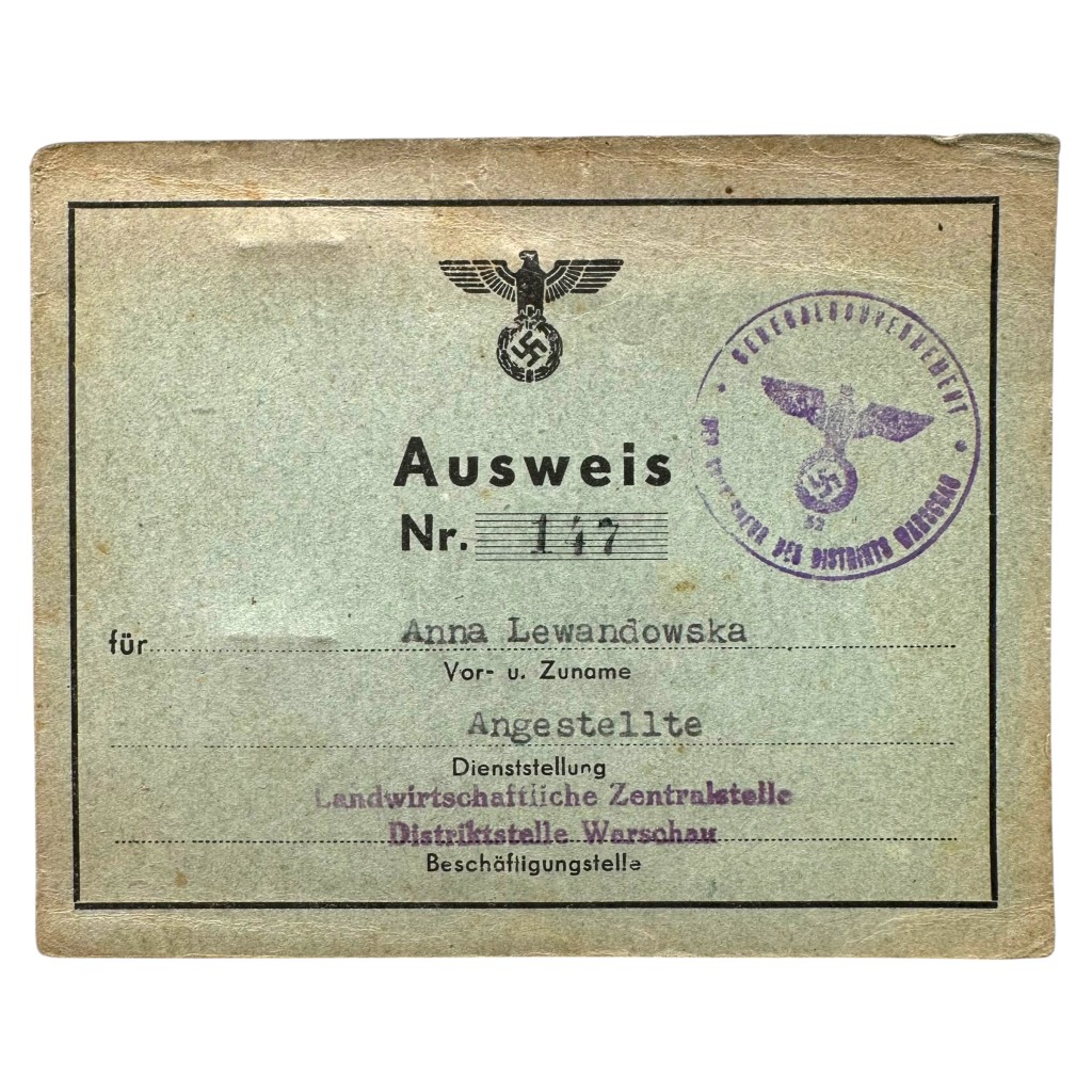 Originele WWII Duitse Ausweis Warschau 1944 persoonsbewijs met foto stempels bezetting Polen verzamelobject.