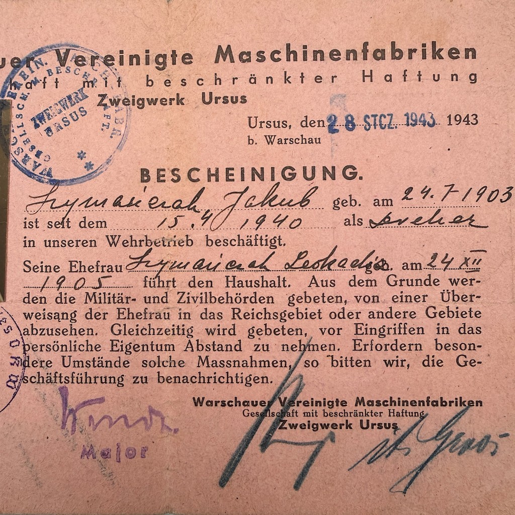 Original WWII German Bescheinigung Warschauer Vereinigte Maschinenfabriken (Waverma) Urus in Poland 1943