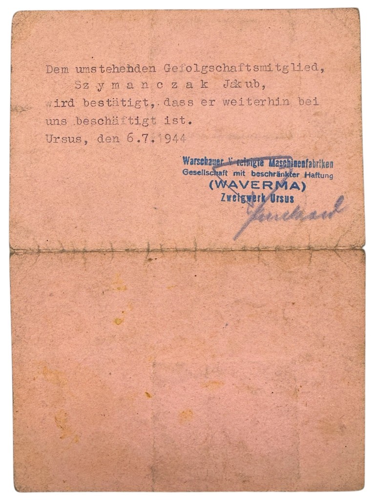 Original WWII German Bescheinigung Warschauer Vereinigte Maschinenfabriken (Waverma) Urus in Poland 1943