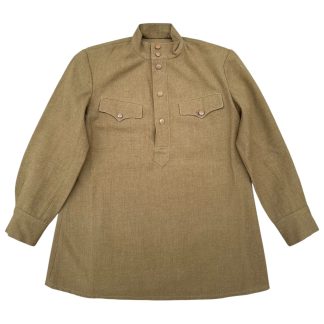 Original WWII Russian M43 Gymnasterka uniform blouse Soviet Red Army Lend-Lease fabric button detail World War II collectible.