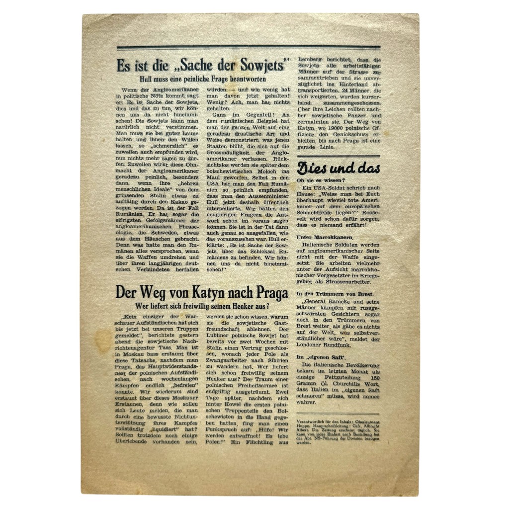 Original WWII German propaganda leaflet ‘Kurznachrichten einer Infanterie-Division’ september 1944