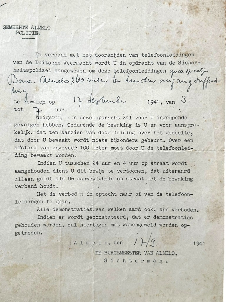 Original WWII Dutch Politie Almelo document 1941