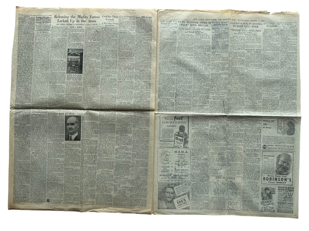 Original WWII British The Daily Telegraph and Morning Post newspaper 'Atomic bombing of Hiroshima' - Image 3