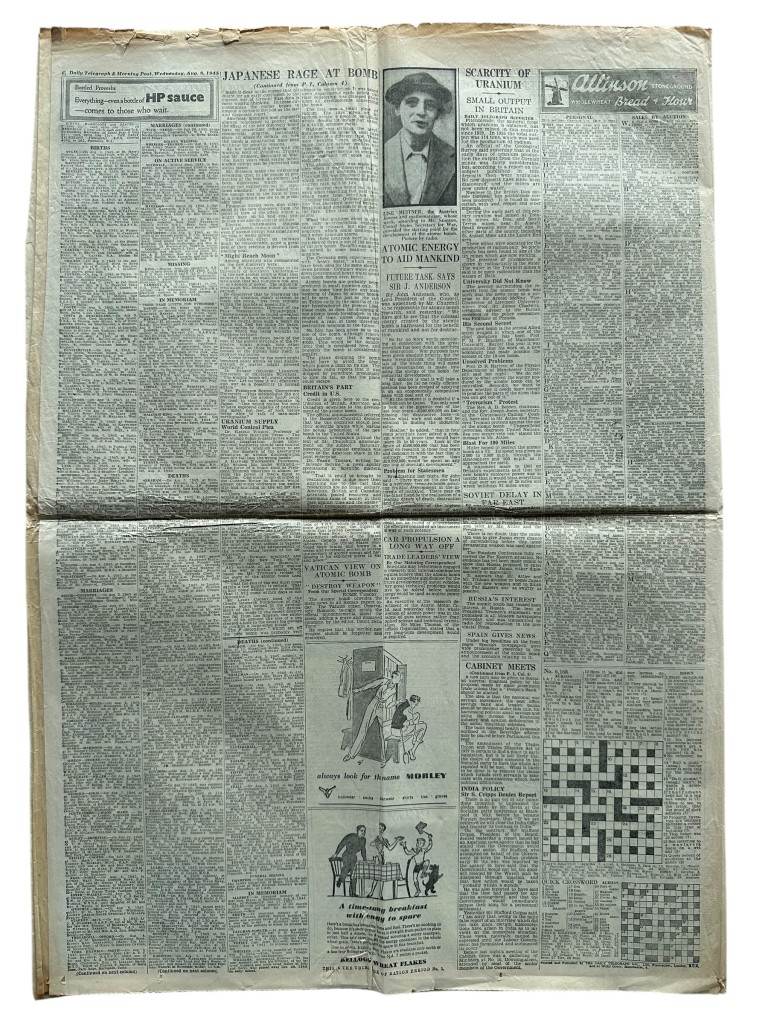 Original WWII British The Daily Telegraph and Morning Post newspaper 'Atomic bombing of Hiroshima' - Image 5