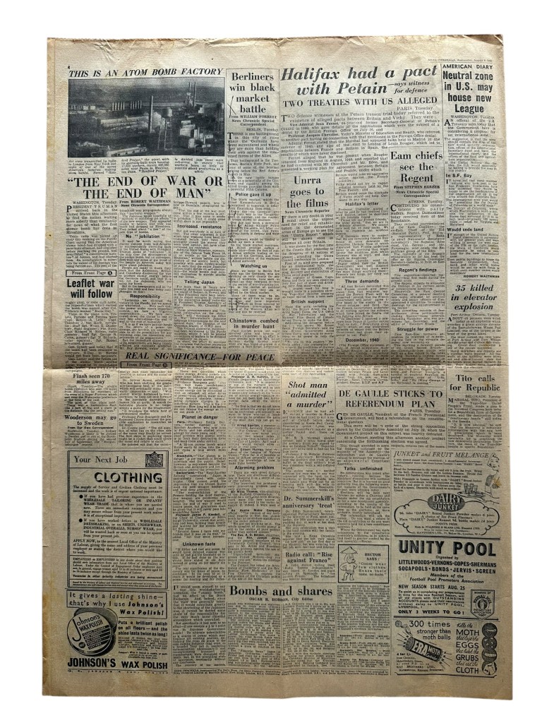 Original WWII British newspaper 'News Chronicle' atomic bombing of Hiroshima - Image 4